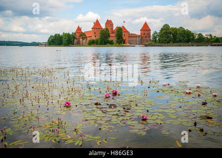 Trakai castle with lake and lily flowers, Lithuania Stock Photo
