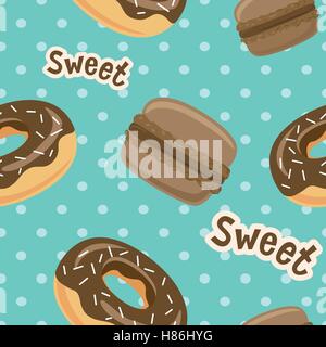 Seamless pattern with macaroon cookies and donuts on blue polka-dot background. Vector illustration. Stock Vector