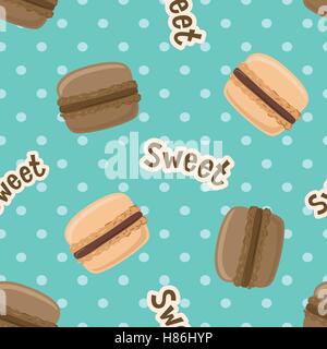 Seamless pattern with macaroon cookies on blue polka-dot background. Vector illustration. Stock Vector