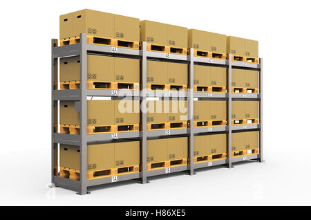 3d rendering warehouse rack with cardboard boxes isolated on white ...