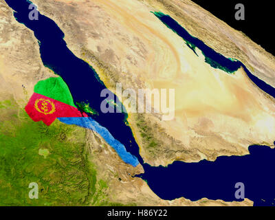 Eritrea with embedded flag on planet surface during sunrise. 3D ...
