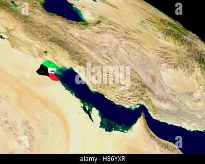 Kuwait with embedded flag on planet surface during sunrise. 3D ...