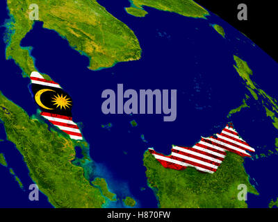 Map of Malaysia with embedded flag on planet surface. 3D illustration. Elements of this image furnished by NASA. Stock Photo