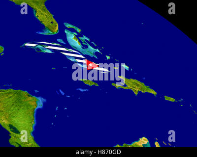 Cuba with embedded flag on planet surface during sunrise. 3D ...