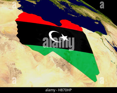 Libya with embedded flag on planet surface during sunrise. 3D ...