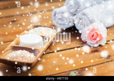 soap, himalayan salt and body scrub in bowl Stock Photo