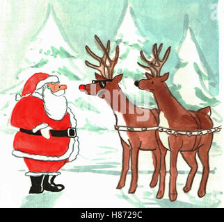 Christmas color illustration of Santa Claus looking at the red-nosed reindeer, he is a celebrity so he is wearing sunglasses. Stock Photo