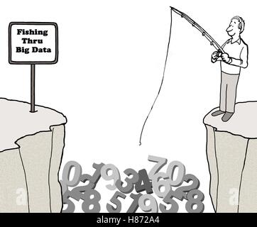 Black and white business cartoon about 'fishing thru big data'. Stock Photo