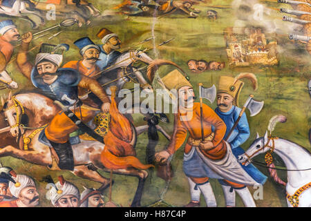 Colorful fresco of Chaldiran Battle beween Ottomans and Persians forty columns palace in Esfahan Iran Stock Photo