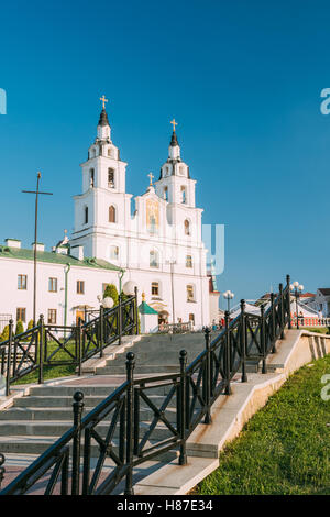 Minsk, Belarus. Deserted Stairway Leading Up To Holy Spirit Cathedral, Main Temple Of Belarusian Orthodox Church. White Baroque Stock Photo