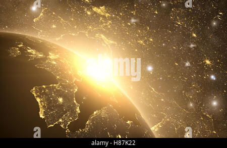Yellow sunrise, sunburst, future earth seen froom space, yellow glow effect. 3D render. Stock Photo