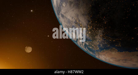 View from the moon orbit and rotating around the planet earth Stock Photo