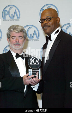 GEORGE LUCAS SAMUEL L. JACKSON 14TH PRODUCERS GUILD OF AMERICA AWARDS CENTURY PLAZA HOTEL CENTURY CITY LA USA 02 March 2003 Stock Photo