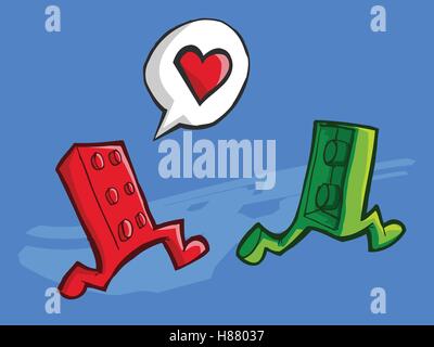 Vector illustration of two bricks lego pieces running. Love concept. Stock Vector
