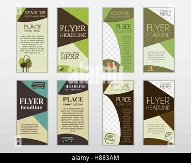 Set of flyer layout templates. Organic, farm fresh, rv, holiday park, coffee concepts. Easy to customize. Isolated on grey background. Vector illustration Stock Vector