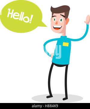 Successful young businessman character saying hello with speech bubble, front view. Business, job, professional, consultant concept. EPS10 vector illustration Stock Vector