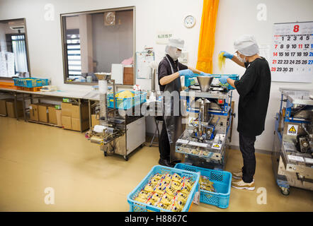 Workers in a factory producing Soba noodles . Two men mixing noodle dough in a machine. Stock Photo