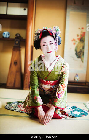 A woman dressed in the traditional geisha style, wearing a kimono and obi, with an elaborate hairstyle Kneeling on the floor.