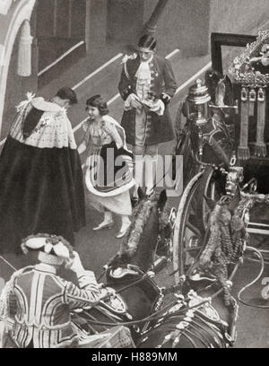 Princess Elizabeth, future Queen Elizabeth II, arrives at Westminster Abbey for the Coronation of her parents, 12th May, 1937.  From a photograph. Stock Photo