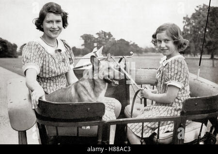 Princess Elizabeth, future Queen Elizabeth II, left, and Princess Margaret, right, driving a pony and trap in Great Windsor Park, England, 1941.   Princess Margaret, Margaret Rose, 1930 – 2002, aka Princess Margaret Rose.  Younger daughter of King George VI and Queen Elizabeth.  Princess Elizabeth, future Elizabeth II,1926 - 2022.  Queen of the United Kingdom, Canada, Australia and New Zealand.  From a photograph. Stock Photo