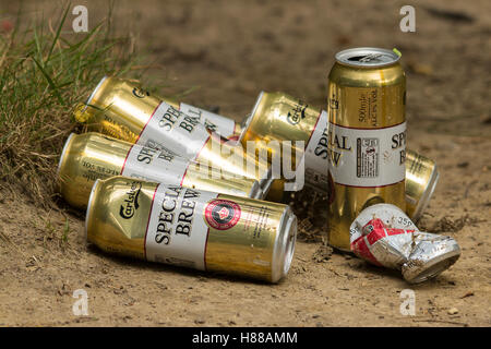 Beer cans empty pile rubbish garbage trash on nature trail area disposed of litter metal scrap eyesore thoughtless inconsiderate dumping alchohol mess Stock Photo