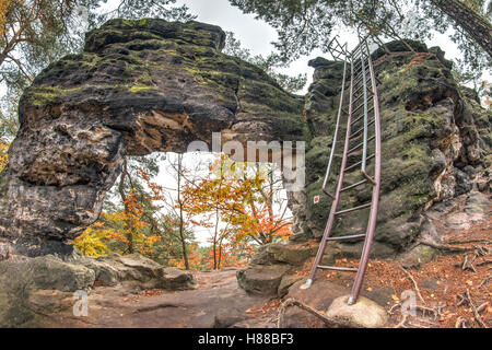 Little Pravcice Gate is a natural sandstone arch in Bohemian Switzerland - fish eye lens view Stock Photo