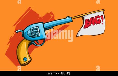Vector illustration of a old revolver gun shooting out white flag with bang on it. Stock Vector