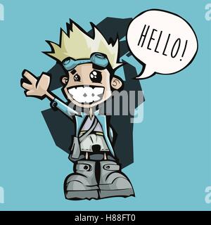 Vector Illustration of a happy little man waving at camera saying Hello! With Blonde hair, big smile and light blue coat Stock Vector