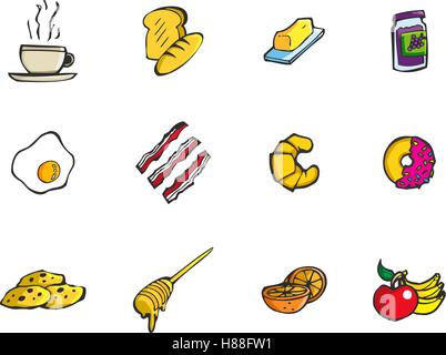 Colorful hand drawn cartoon style breakfast snack icon set Stock Vector