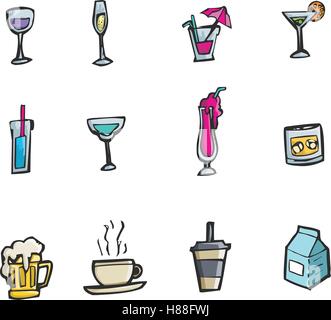Colorful hand drawn cartoon style alcohol drinks and cocktails icon set Stock Vector
