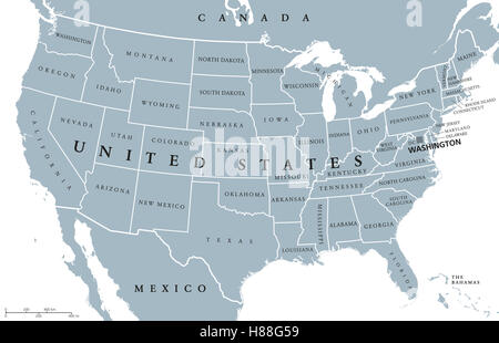 USA United States of America political map with capital Washington, single states, neighbor countries except Hawaii and Alaska. Stock Photo