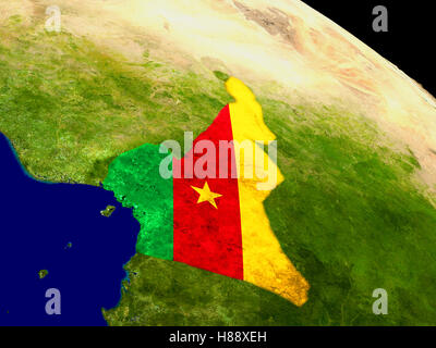 Map of Cameroon with embedded flag on planet surface. 3D illustration. Elements of this image furnished by NASA. Stock Photo