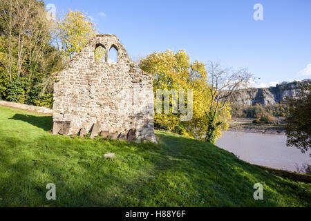 Autumn in the Wye Valley - The ruins of 12th century St James church beside the River Wye at Lancaut, Gloucestershire UK Stock Photo