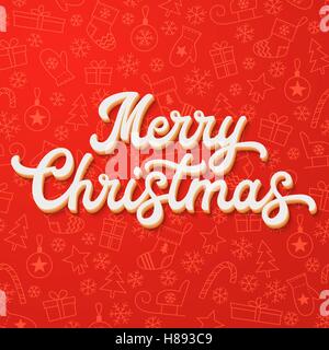 White 3d Xmas lettering on red Christmas background with sleighs, trees, balls, gifts. Decoration for seasons greeting cards des Stock Vector