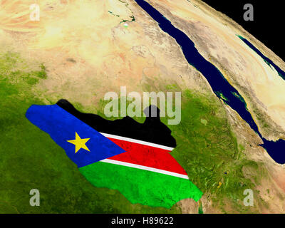 Map of South Sudan with embedded flag on planet surface. 3D illustration. Elements of this image furnished by NASA. Stock Photo