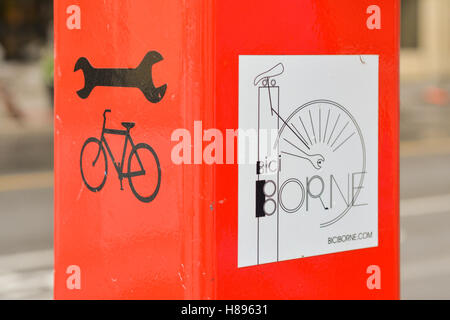Public bike repair station, Montreal city centre, Canada - close up detail Stock Photo