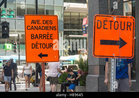 Montreal roadworks - detour signs in Montreal city centre Stock Photo