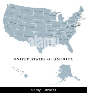 USA United States of America political map with capital Washington. The U.S. states including Alaska and Hawaii. Stock Photo