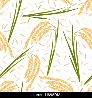 Seamless pattern with rice leaves, spikelets and seeds on a white background. Vector illustration. Eps 10. Stock Vector