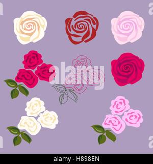 Set of rose flowers. Flat disign for sticker, tattoo etc. Stock Vector