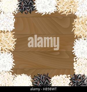 Different types of rice on wooden background. Basmati, wild, jasmine, long brown, arborio, sushi. Vector illustration EPS 10. Stock Vector