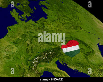 Map of Hungary with embedded flag on planet surface. 3D illustration. Elements of this image furnished by NASA. Stock Photo