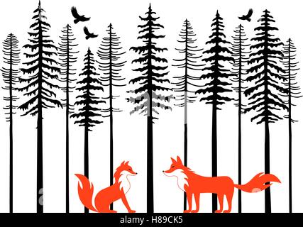 Fox couple in fir tree forest, vector illustration over white background Stock Vector