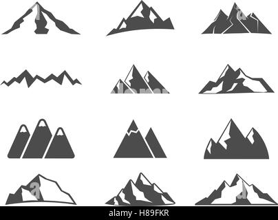 Set of mountain silhouette elements. Outdoor icon. Hand drawn snow ice mountain tops, decorative symbols isolated. Use them for camping logo, travel labels, climbing or hiking badges. Vector. Stock Vector