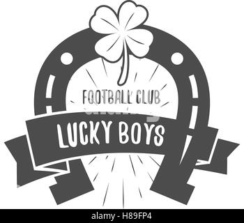 Vector American football lucky horseshoe label. Unusual sports emblem design. Usa sport logo concept with typography elements and leaf clovers. Monochrome design. Vector. Stock Vector