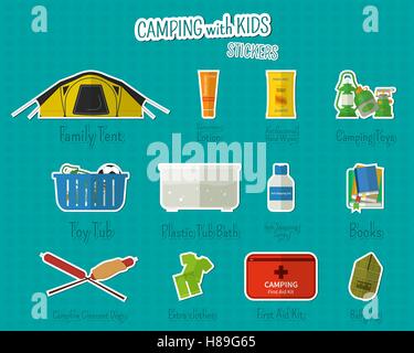 Camping with kids stickers and labels. Set of flat adventure traveling elements and symbols with text signs. Summer Outdoor design. Campsite and campground. Vector illustration Stock Vector