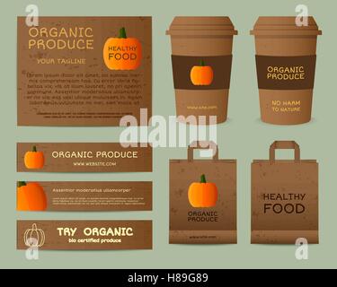 Natural business corporate identity design with pumpkin. Branding your organic company. Paper bag, cup. Mock up design. Best for natural shop, organic fairs, eco markets and local companies. Vector. Stock Vector