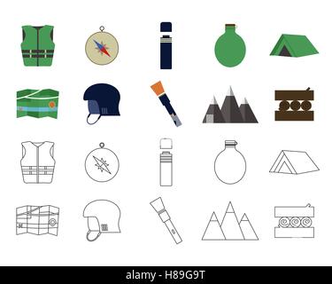 Set of flat adventure traveling icons. Camping elements. Flat and thin line design. Outdoor activity style. Hiking, backpacking and mountain tourism. Vector illustration Stock Vector