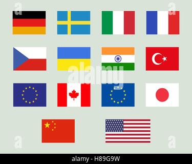 Set of european union, usa, ukraine, china, japan, canadam india flags. Original proportions and official colors. Vector illustration Stock Vector