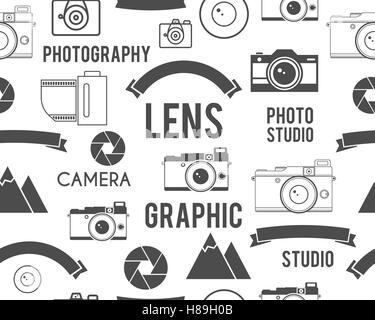 Photography symbols elements seamless pattern. Outdoor photo, graphic studio keywords. Monochrome texture design with lens and other equipment. Vector illustration Stock Vector